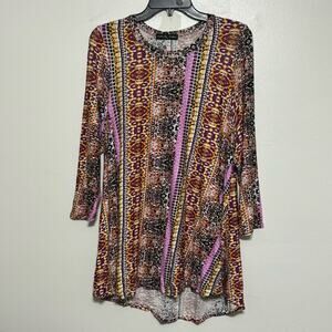 Kim & Cami Purple Multi Print High Low Soft Top 1X